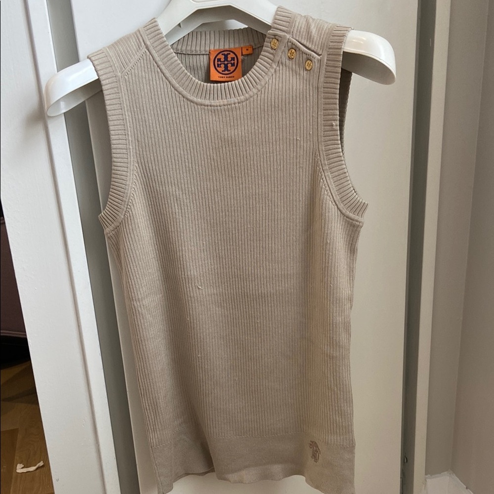 Tory Burch Cream Ribbed Sleeveless Top